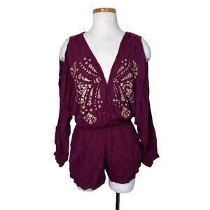 Free People Embroidered Faux Wrap Cold Shoulder Gauze Romper Maroon Womens XS